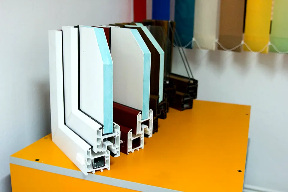 Secțiuni de profile PVC multicameră și aluminiu, expuse în showroom